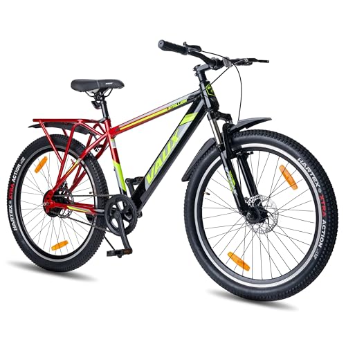 Image of Vaux Stallion-Pro Cycle for Men 27.5T with Integrated Carrier IBC| 18 inch Steel Frame| Dual-Tone Colors| Dual Disc Brakes| 27.5 X 2.4 Nylon Tyres| 80mm Front Suspension| Double Wall Alloy Rims(Red-Black)