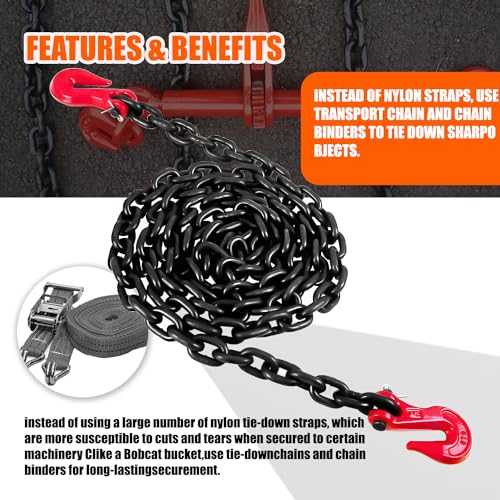 Image of G80 Transport Binder Chain 5 /16 Inch x 16 Foot | 4,900 lbs Safe Working Load | Tow Chain with Clevis Grab Hooks | Ideal for Transporting, Towing, and Binding Equipment