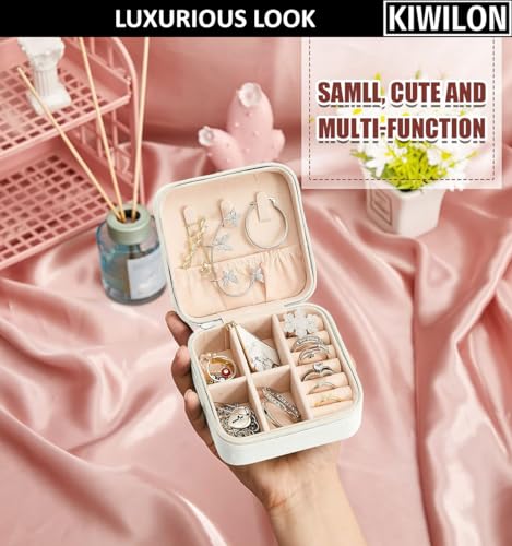 Image of Travel Jewelry Organizer Box for Women - 14 Slots Portable Jewellery Storage Case with Ring Holder & Necklace Hooks | Compact PU Leather Vanity Organizer for Earrings, Rings, Chains (White)
