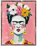 Frida Kahlo Inspired Pink Floral Portrait Wall Art, Feminine Folk Style Painting with Flowers, Colorful Cultural Home Decor for Bedroom Studio Office, 11x14 Unframed Poster