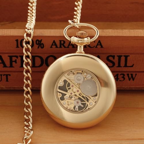 Image of Uncovered Men's Mechanical Pocket Watch with Chain, Uncovered Roman Design Dial Chain Mechanical Pocket Watches for Men