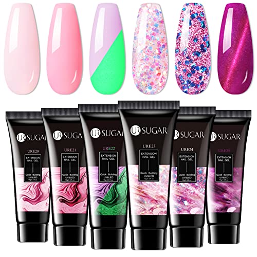 UR SUGAR Nail Extension Gel Rose Pailleté, Poly Extention Gel Cat's Eye Luminous Magnetic Gel Acrygel Tube Gel 6 Couleurs 15ml, Nail Extension D’ongle Construction Ongle Gel