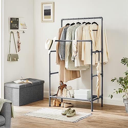 SONGMICS Clothes Rack, Metal Stand with 2 Hanging Rails and Storage Shelf, Max. Load 55 kg, Easy Assembly, Grey RDR001G02