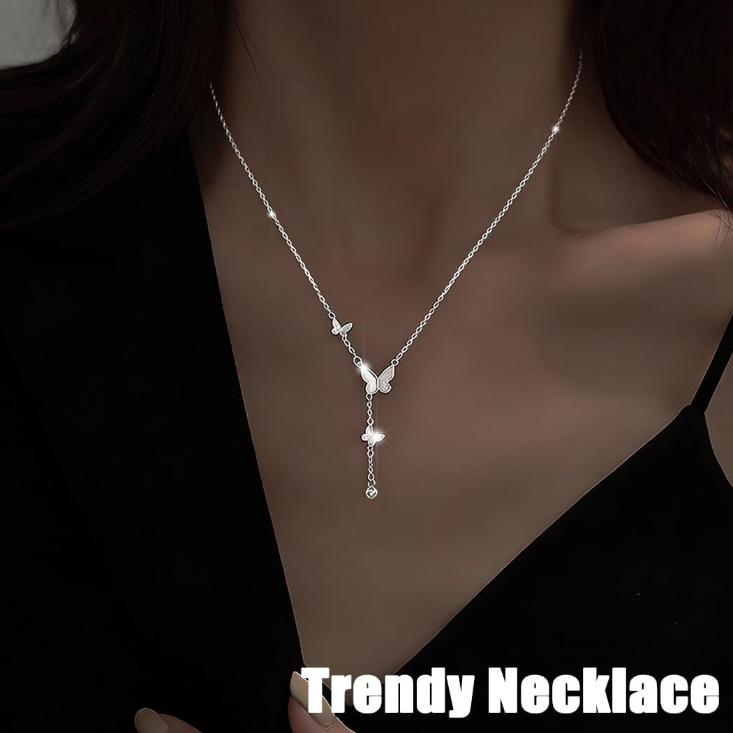 925 Silver Sterling Lariat Necklace for Women Dainty Butterfly Short Y Necklaces Chain Minimalist Necklace Jewelry Gifts