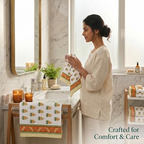 Image of Mafatlal Madhuban Premium Waffle Cotton Set (1 Bath 147x76 cm + 2 Hand 76x38 cm) | 250 GSM | Hand Printed Floral Craft | Rust
