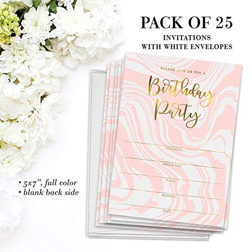 DB Party Studio Pink Birthday Party Invitations Modern Swirling Colorful Fill In Invites with Envelopes ( Pack of 25 ) Large 5x7” Blank 21st Sweet 16 Adult Teen Child Kid Female Girl Parties VI0073B