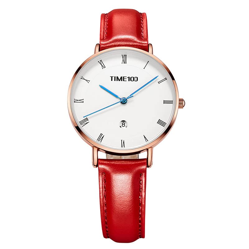 TIME100 腕時計 レディース 薄型 文字盤 お洒落 革ベルト 日付 防水 シンプル ビジネス アナログ 人気 贈り物 可愛い 受験用 20代 30代 大人用 赤