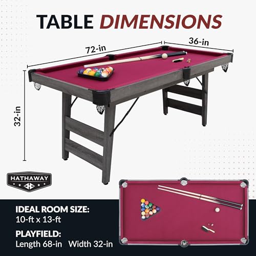 Hathaway Pendleton 6 Ft Portable Pool Table, Adults Folding Billiards Tables for Game Room with Easy Foldable Storage, Includes Full Set of Billiard Balls, Cues, Chalk & Brush - Thumbnail 2