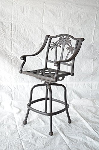 Palm Tree Outdoor Patio Set 6Pc Swivel Barstools 30" H Dark Bronze Cast Aluminum, Walnut Cushions #TOP7