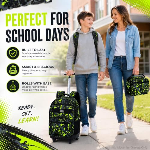 Image of 3Pcs Rolling Backpack for Boys, Men Roller Bag with Wheels for Adults, 19 Inche Graffiti Wheeled Bookbag with Lunch Box(Green)