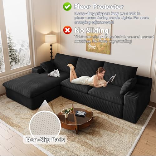 Image of 107 inch Cloud Couch Modular Sectional Sofa for Living Room, L-Shape Boneless Couch with Deep Seat, Modern Corduroy 3-Seater, No Assembly Required (Black,Left-Facing Chaise)