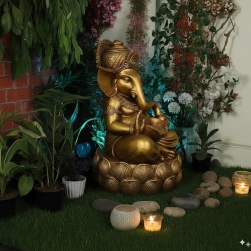 Image of Swarnhouse Lord Ganesha Decorative Water Fountain, 3 Feet Tall, Lotus Base, Indoor Outdoor Garden Decor (Article 6)
