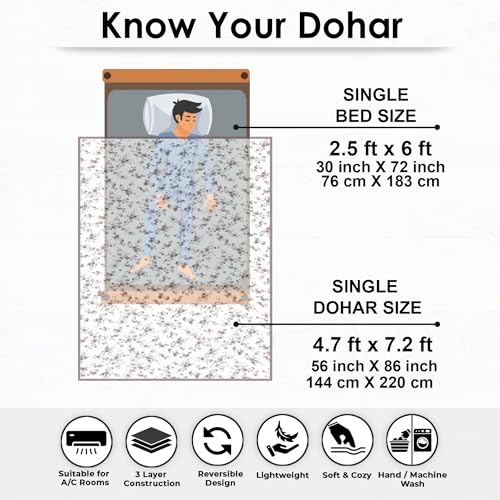 Image of Story@Home Dohar Single Bed Cotton 100% | 150GSM 144 X 220 cm Quilt AC Blanket for Summer | AC Comforter Single Bed | Burgundy & White, Floral Reversible Design Duvet | All-Season Blanket