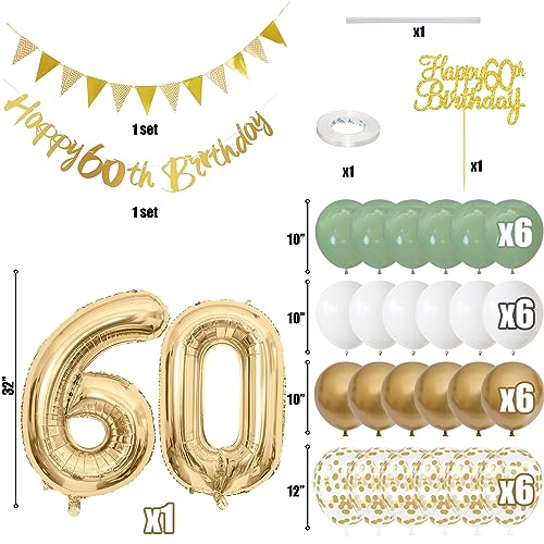 Image of 60th Birthday Decorations for Men Women, Sage Green White Gold Balloons With Happy 60th Banner, Cake Topper, Number 60 Foil Balloon for 60 Year Old Party Decoration