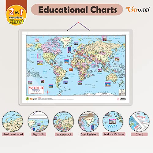 Image of 2 IN 1 WORLD POLITICAL AND PHYSICAL MAP IN ENGLISH Charts with Big font and Dust resistant Lamination | 300 GSM Recyclable Charts