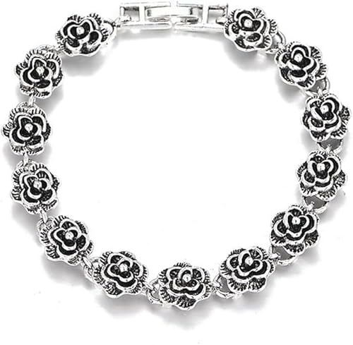 Pulsera de flores de plata vintage para mujer, pulsera de flores de rosa, pulsera gótica de rosas para mujer