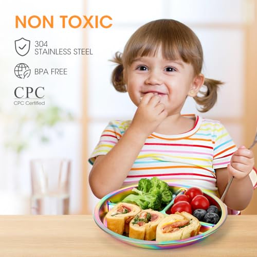 AIEVE Stainless Steel Kids Plates, 4 Pack Round Divided Toddler Plates, Portion Control Plate 9 Inch