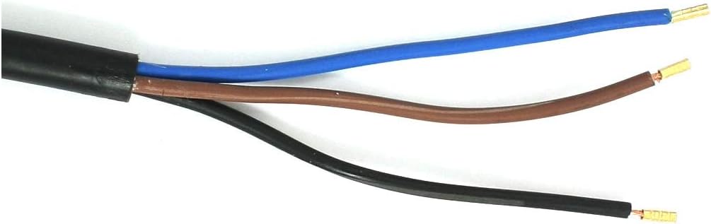 Close-up of the float switch cable ends showing black, blue, and brown wires.