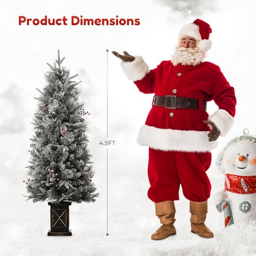 GAOMON 4.5ft Christmas Tree 2 Set with 200 Warm White LED Lights, Pre-Lit Snow Flocked Christmas Tree with X Shape Potted Base, Artificial Xmas Tree with Red Berries, Decoration for Home, Entrances