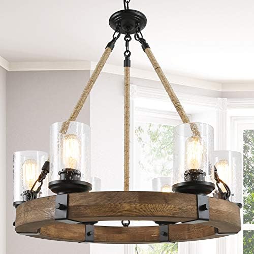 RUZINIU Farmhouse Chandeliers for Dining Rooms, 6-Lights 25'' Wagon Wheel Chandelier, Hemp Rope Wood Chandelier with Seeded Glass Shade, Brown