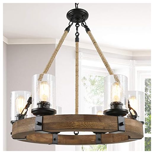 Farmhouse Chandelier for Dining Rooms, 6-Light Wagon Wheel Chandelier, Hemp Rope Wood Chandelier with Seeded Glass Shade, 25'' Dia