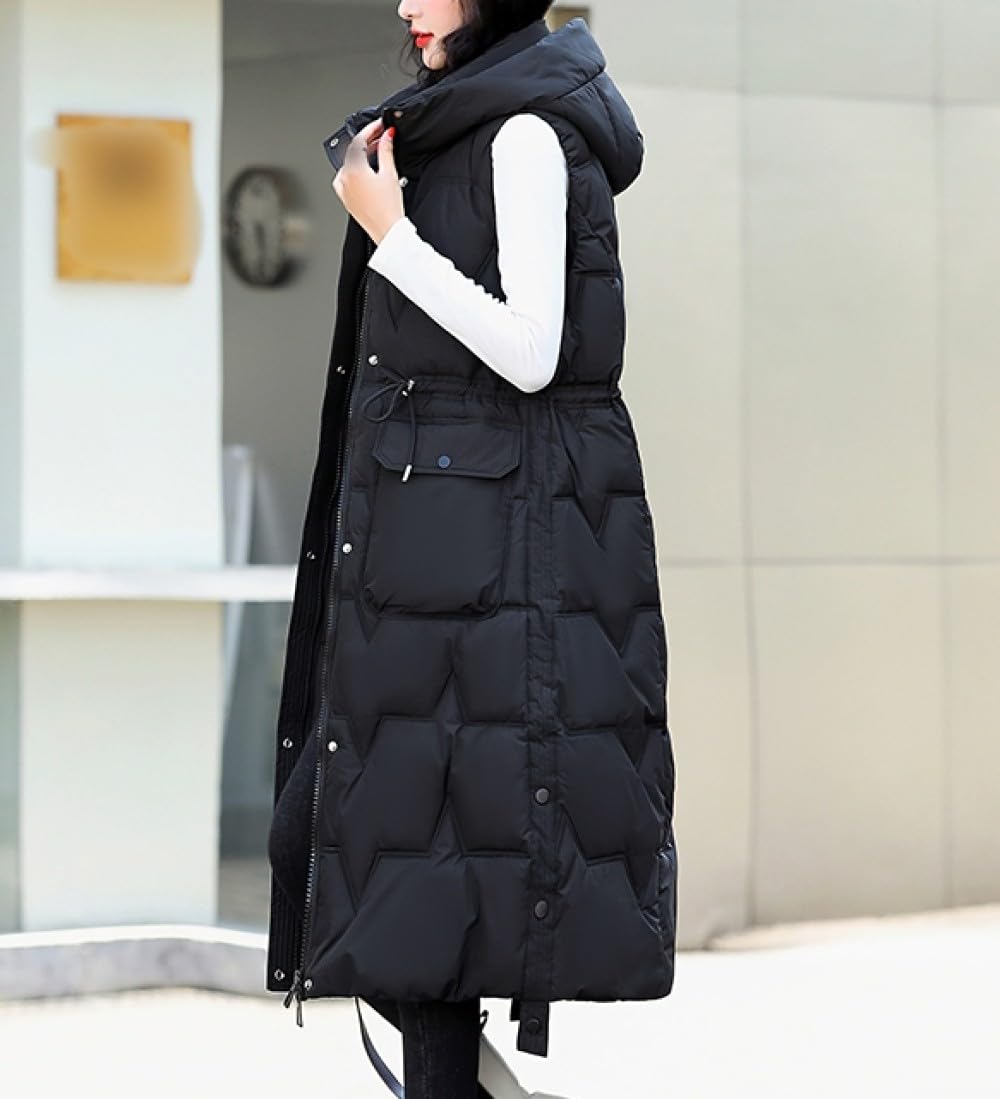 Gilet Da Donna Cappotto Trapuntato Lungo Con Zip E Cappuccio, Gilet In Piumino Di Cotone Senza Maniche Capispalla Tinta Unita Gilet Da Esterno Imbottito Gilet Invernale Più Caldo