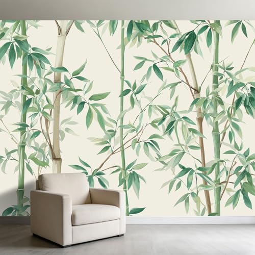 Planta de bambú hojas verdes papel pintado fotográfico 400 x 280 cm pared papel pintado panorámico, chino mural no tejido – Decoración de pared para sala de estar, dormitorio infantil y restaurante
