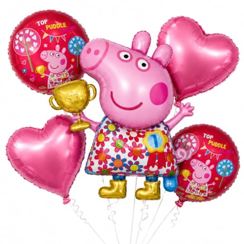 Image of Wanna Party Cute Pink Pig Floral Print Balloon Bouquet Set - 5PC Foil Balloon Decoration, Helium Supported for Kids Birthday, Farm Theme Party, Cake Table & Photo Booth Decor