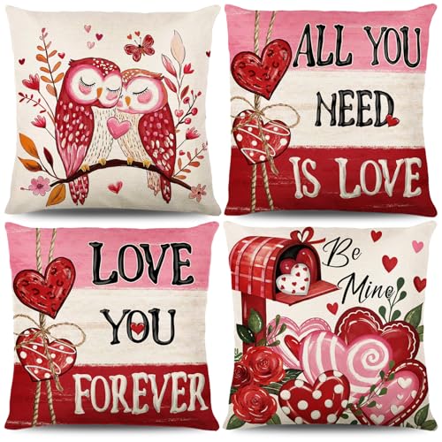 Bigqin 4 Pcs Housse de Coussin, Taie d'oreiller en Lin pour la Saint-Valentin, Dessins de Cœurs, Hiboux et Roses, Décorations Festives pour Canapé, Salon, Chambre - 45 x 45 cm