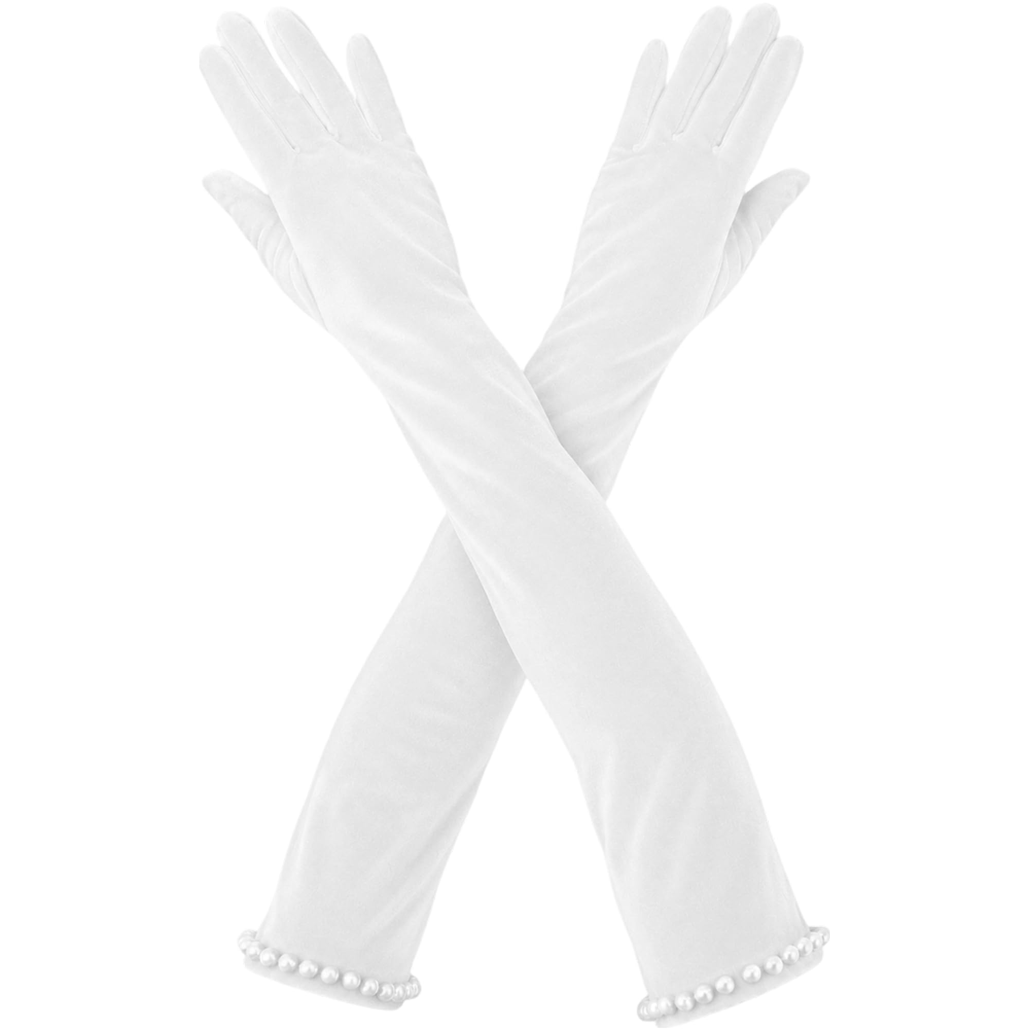 Long Velvet Gloves for Women, Vintage Opera Gloves with Pearl Cuff Trim