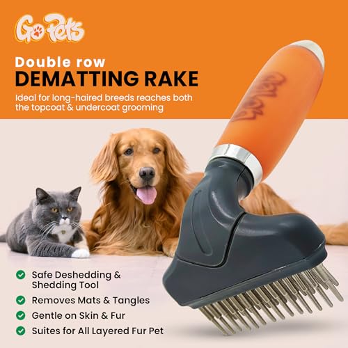 GoPets Double Row Dematting Rake Undercoat Deshedding Tool for Dogs and Cats, Dog Brush for Shedding and Grooming, Long Hair Pet Grooming Brush for Mat Removal, Detangling, and Shedding Control - Image 2
