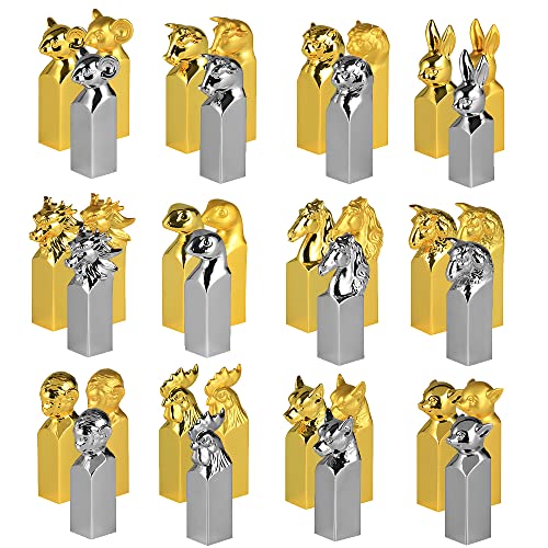 12 Chinese Zodiac Seals Chinese Hand-Carved Polished Jasper Gold-Plated Seals