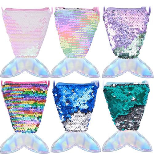 Mermaid Sequin Purse, 6Pcs Mermaid Tail Wallets Glitter Reversible Bling Coin Purses for Mermaid Party Bags
