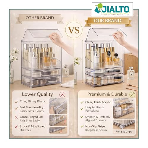 Image of JIALTO Makeup Organizer with Drawer Storage, Transparent Cosmetic Organizer Box with Dustproof Cover, Skincare Perfume Storage Case for Dressing Table, Bathroom Vanity Organiser for Women -Transparent