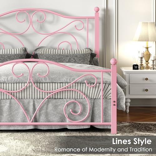 Image of VECELO Full Size Bed Frame with Headboard and Footboard, Heavy Duty Metal Slat Support, Platform Mattress Foundation, No Box Spring Needed, Easy Assembly, Light&Pink