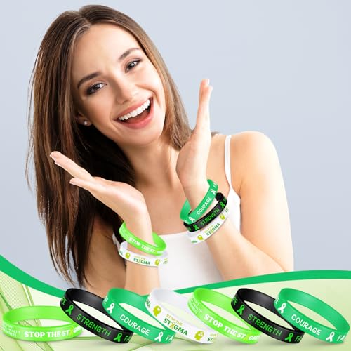 Leyndo Bulk Mental Health Awareness Bracelet Green Awareness Ribbon Silicone Bracelets with Inspirational Saying Disease Wristbands Hope Strength Faith Courage 6