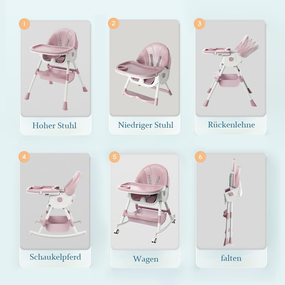Supfine Seggiolone 3 in 1, regolabile con cintura di sicurezza a 5 punti, tavola da pranzo rimovibile, altezza regolabile 87 cm, pieghevole, per neonati e bambini (rosa, 5 in 1)