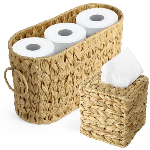 2 Pack Toilet Paper Storage Basket,Water Hyacinth Toilet Paper Holder with Handle,Tissue Box Cover...
