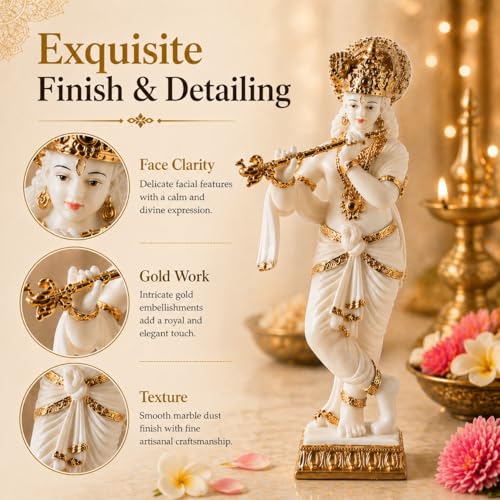 Image of ARMONIA Lord Krishna Idol Marble Dust Statue Murti |Krishana Sculpture for Home Decor,Pooja ghar,Mandir & Gifting Item |Best Gift for Wedding & Housewarming(11.8 inch,White) (Include Microfiber cloth)