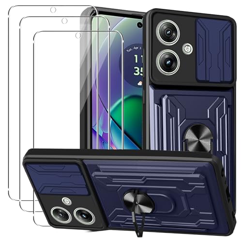 KZIOACSH Funda Motorola Moto G64 5G/Moto G54 + 3× Cristal Templado,[Tapa Deslizante para la cámara] Anti Choque con 360 Grados Magnetic Anillo Hard PC y Silicona TPU Bumper antigolpes Case,Azul