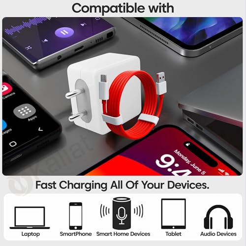 Image of KALIAT 65W Fast Charger with 10A Red USB Type-C Cable | Compatible with One Plus 12 /12R /11 /11R /Nord CE 5G | SuperVOOC VOOC PD Mobile Charging Adaptor | Type C Wall Charger