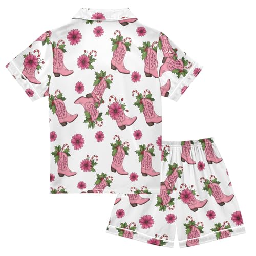 Satin Pajama Sets Short Sleeve Cowboy Boots Floral Background Button Down Silky Nightwear 2 Piece PJS 5-14Y2