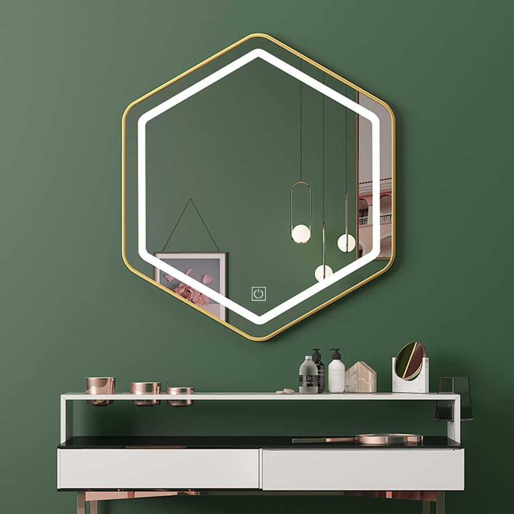 Specchio da Parete Esagonale, Specchio da Bagno Specchio Illuminato a LED, Cornice Dorata a Specchio Irregolare, Specchio da Camera con Interruttore Tattile, Specchio Decorativo per Hotel (S