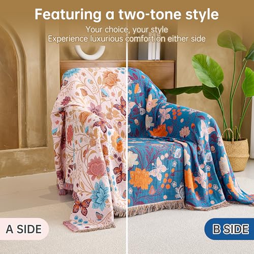 Image of VANJOROY Boho Throw Blanket, 100% Organic Cotton Breathable Ultra Soft 80 inch x 90 inch Bed Quilt Throw - All Season Floral Rustic Farmhouse Decor Luxury Reversible Blanket for Sofa Couch Chair and Gift