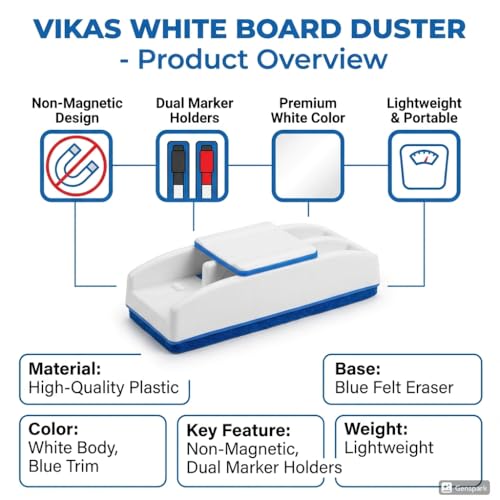 Image of Vikas White & Black Board Duster Pack of 10 | Red, Black, Blue, White Color Options | Strong Plastic Eraser for Classroom, Office & Home Use | Easy Grip & Smooth Cleaning (10)