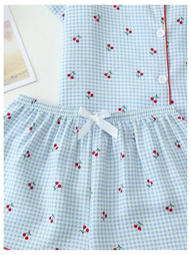Image of BEAUDRM Women's Two Piece Pajama Sets Allover Print Short Sleeve Sleepwear Button Down Shirt and Bow Shorts Pj Set Loungewear