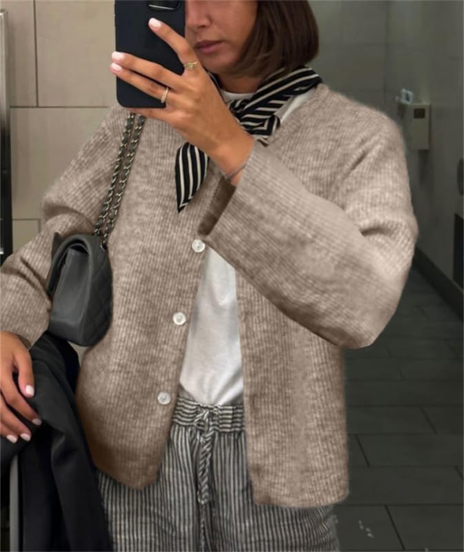 Image of Y2k Girls Knitted Cropped Cardigan Top Women Casual Knit Sweater Long Sleeve Button Down Loose Knitwear Top (Dark Khaki, M)