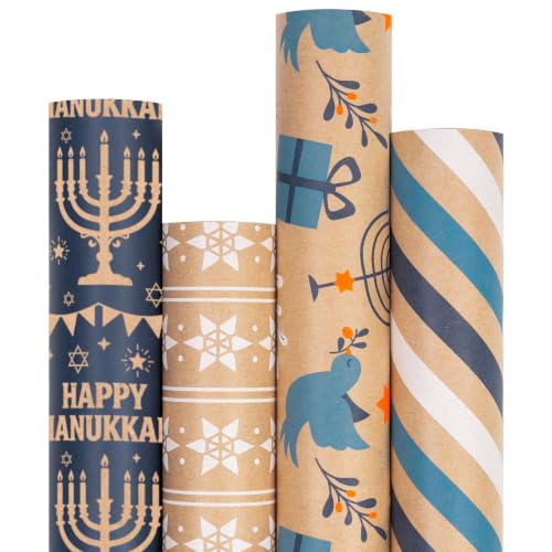 RUSPEPA Kraft Hanukkah Wrapping Paper Roll - Blue Menorah, Birds, Stripe and Star of David Design for Holiday Gift Wrap - 4 Rolls - 30 Inches x 10 Feet Per Roll
