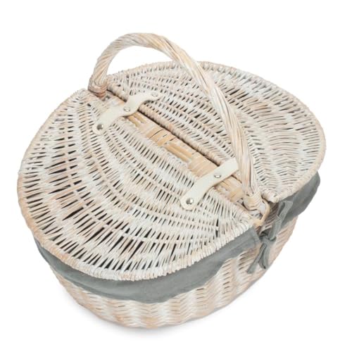 Red Hamper Picnic Ovalado con Acabado Lavado Blanco, sin Forro con Forro de Salvia Gris