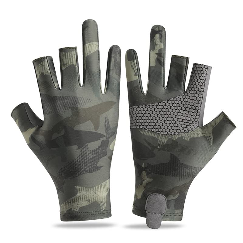 JIAHG Mens Camo Ice Silk Fishing Gloves 3 Finger Cut Anti-Slip Kayaking Sea Fishing Gloves UPF 50+ Sun UV Protection Fingerless Glove for Paddling Rowing